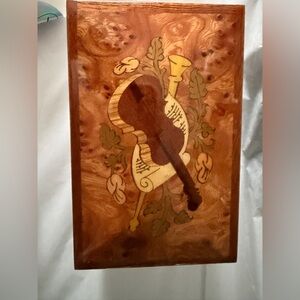 Vintage Made In Italy Violin & Horn Inlaid Wood  Music Jewelry Box 5.5”x3.5” EUC